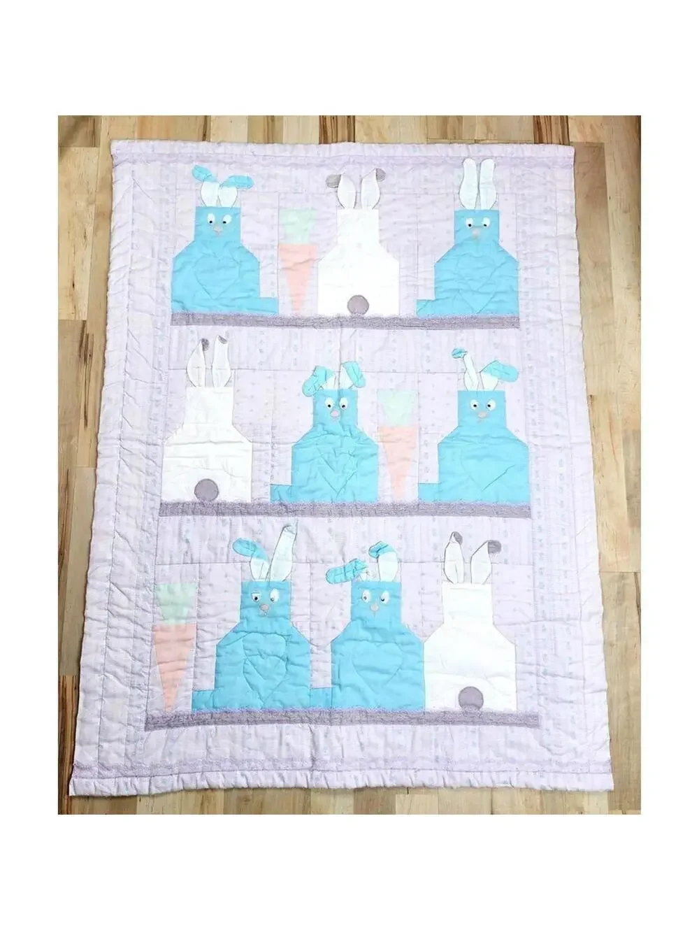 Handmade Baby Quilt with Bunny Pattern Blanket in Blue, White and Lavender